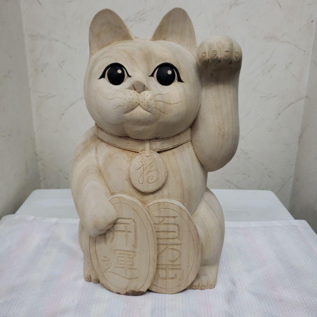 Ｂフライデー蔵出し特価八方にらみ木曽御神木檜製開運桧材 招き猫☆左手 約32cm