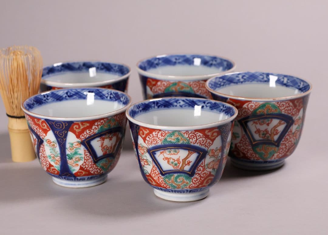 【CM125】古伊万里 扇面 色絵向付 五客 猪口 小鉢 扇面 草花 唐草 錦