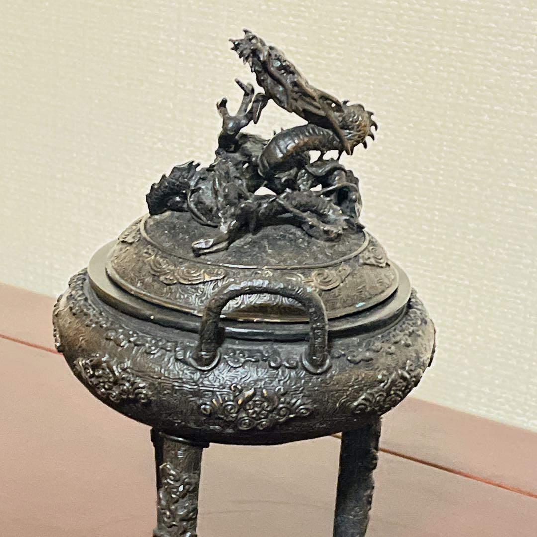 龍神 蓋付 三足香炉 銅器 昇龍 緻密細工 瑞雲 縁起物 香道具 骨董