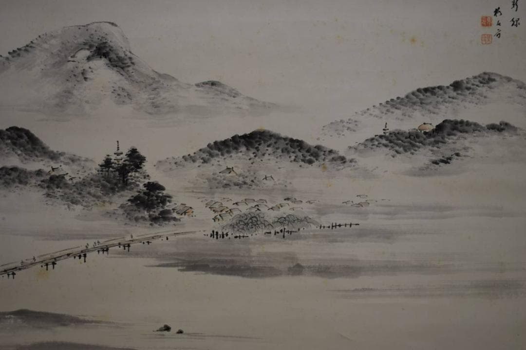 真作/毛利梅友/鴨東新緑之図/桐共箱付/布袋屋掛軸HE-525