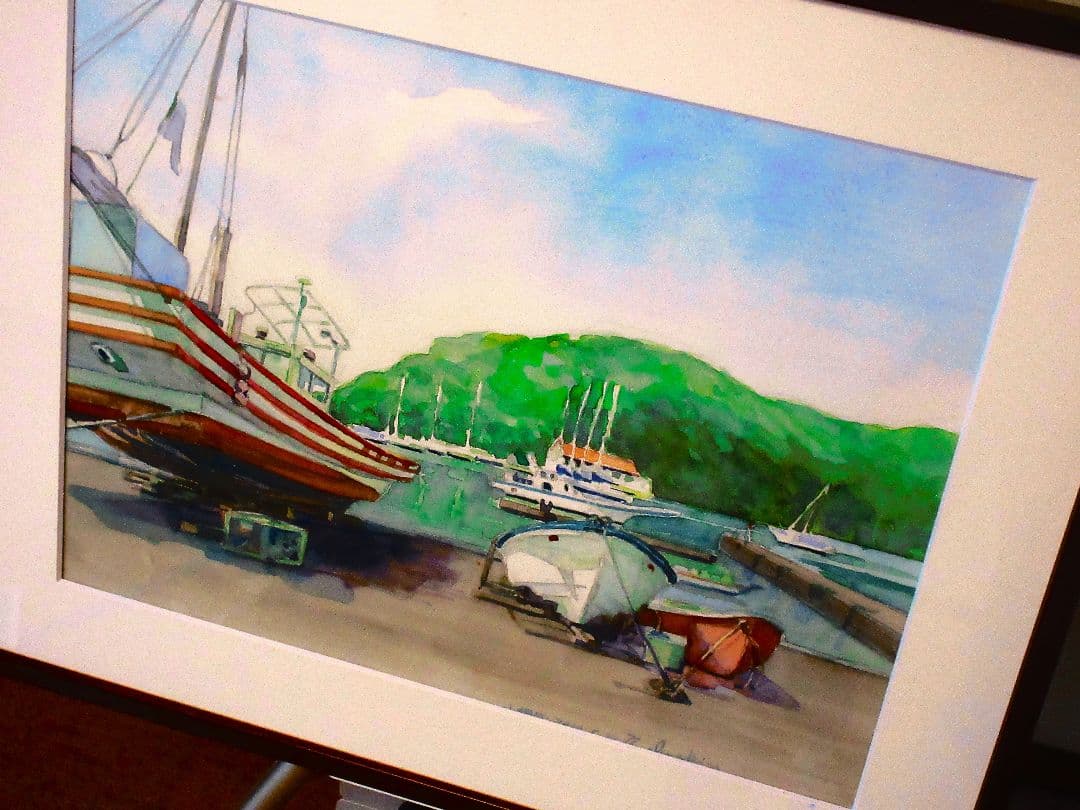 水彩画 陸揚げ船(原画)額装付き