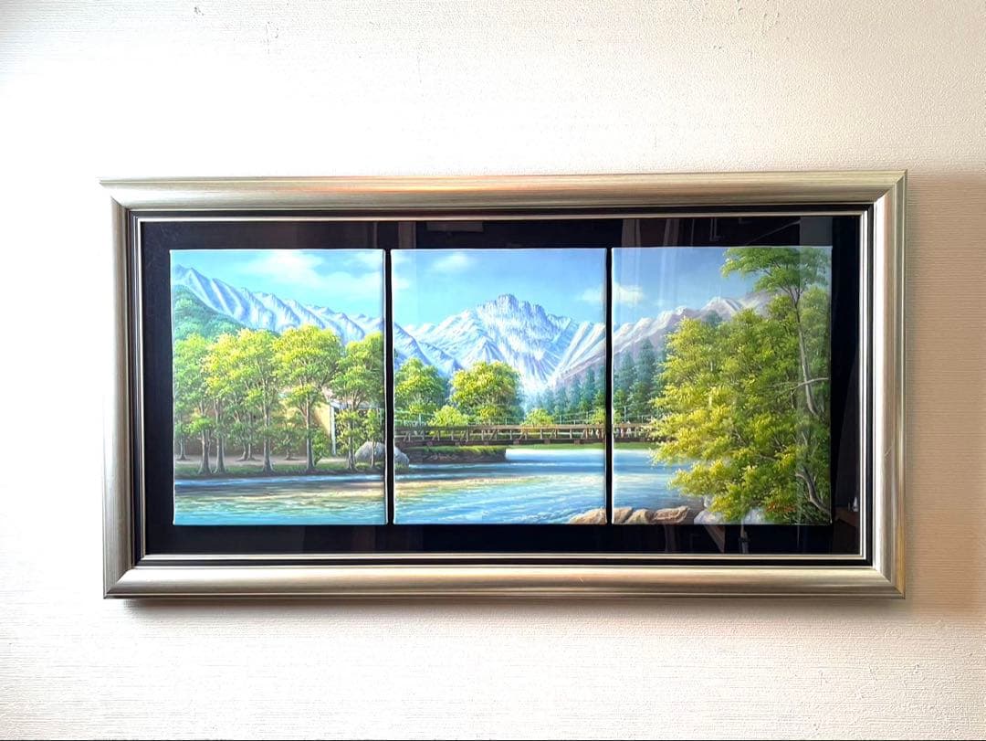 自然　油絵　湖　四季　作者名有