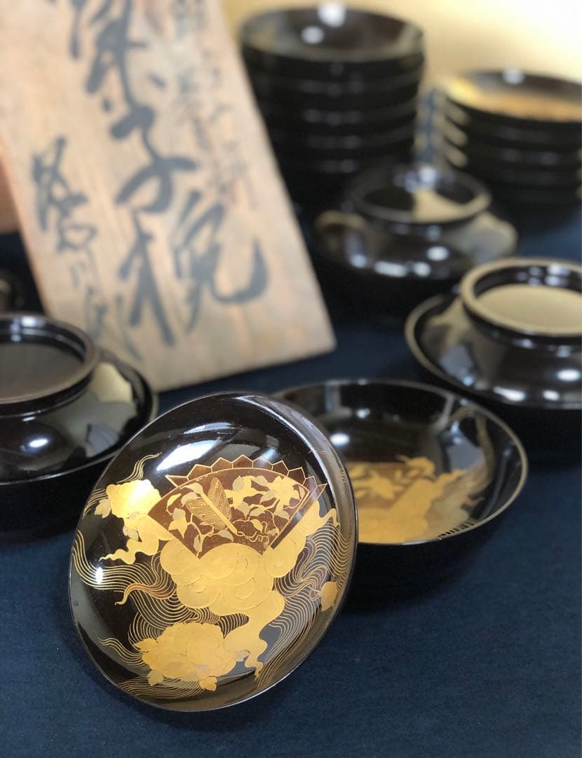 《R》懐石 黒塗内蒔絵 菓子椀10客 木製漆器 明治時代 木箱　260205く5