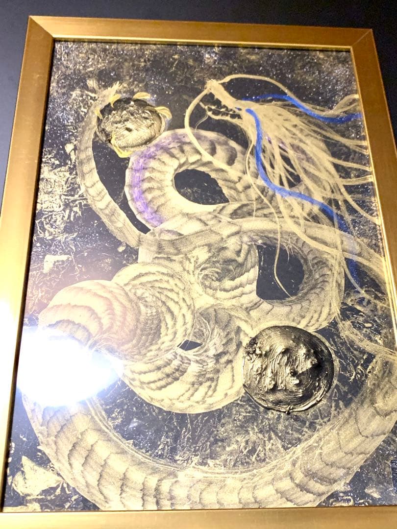 【金龍】　龍神エネルギーアート✨縁起物　一筆龍　絵画　置物　龍　隕石　開運