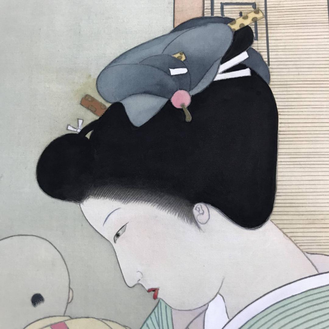 【真作】伊達盤雨/母子の図/美人画/掛軸/名家伝来/AD-136
