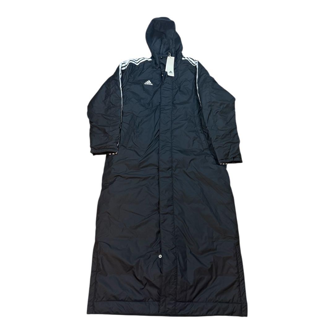 【新品タグ付】adidas ベンチコート XL 黒 中綿 ロング丈 3ストライプ