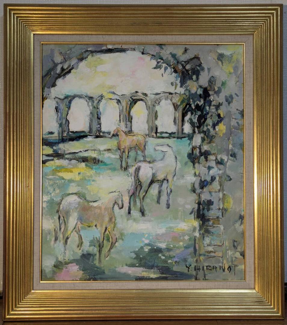 【真作】絵画　平野能子　油彩10号　ローマ水道のある風景　優美な色彩　X192
