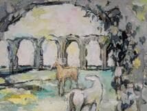 【真作】絵画　平野能子　油彩10号　ローマ水道のある風景　優美な色彩　X192