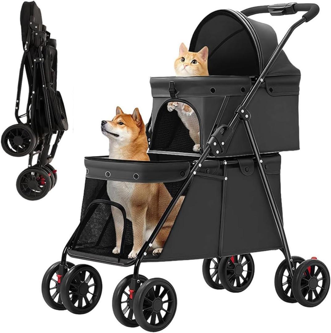 二段式 ペットカート ブラック 犬 猫 360°回転 ブレーキ付