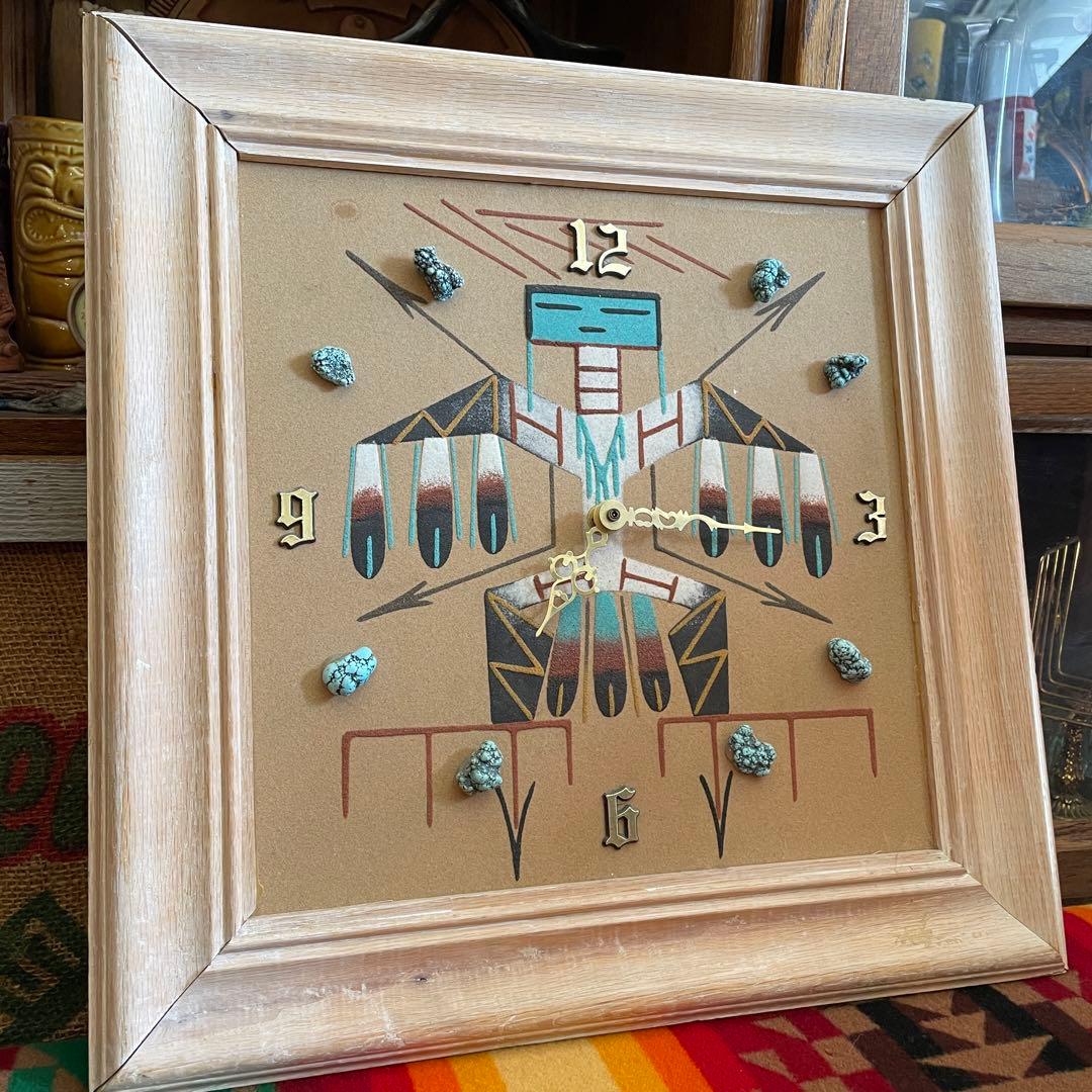 希少品！70's〜ネイティブアメリカン　ナバホ族サンドペイント砂絵の壁掛け時計
