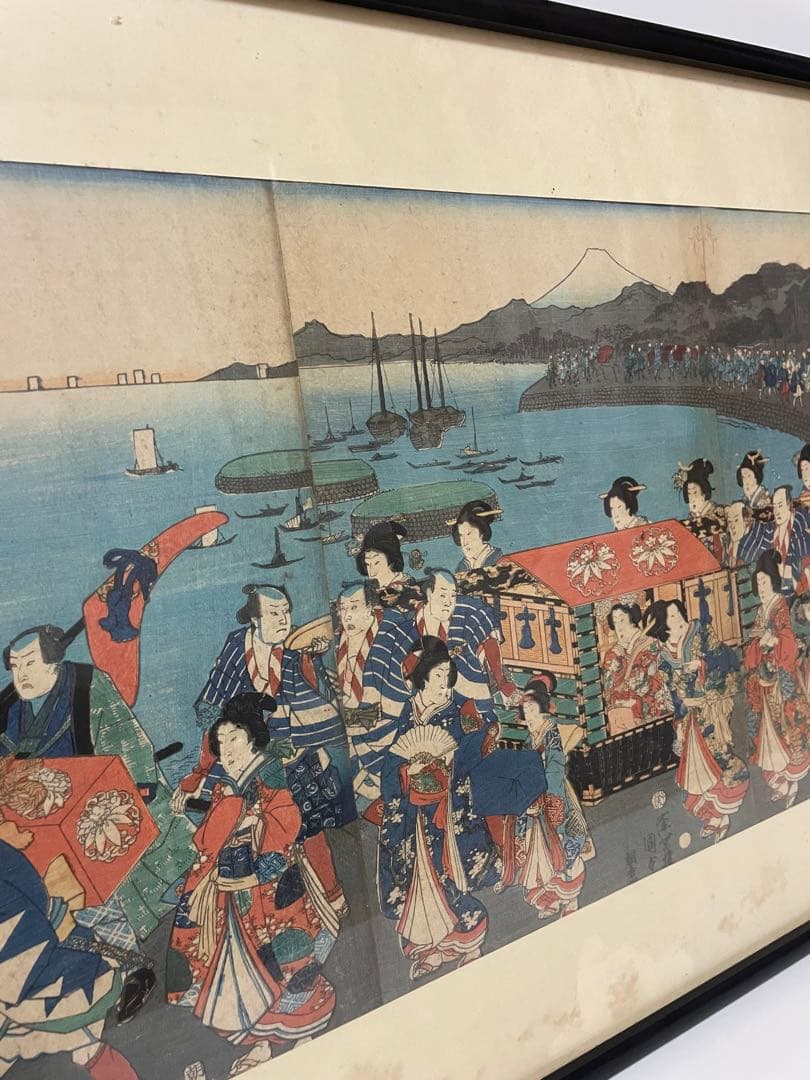 歌川國貞　浮世絵 姫君様行列之図　額縁 大錦三枚続き