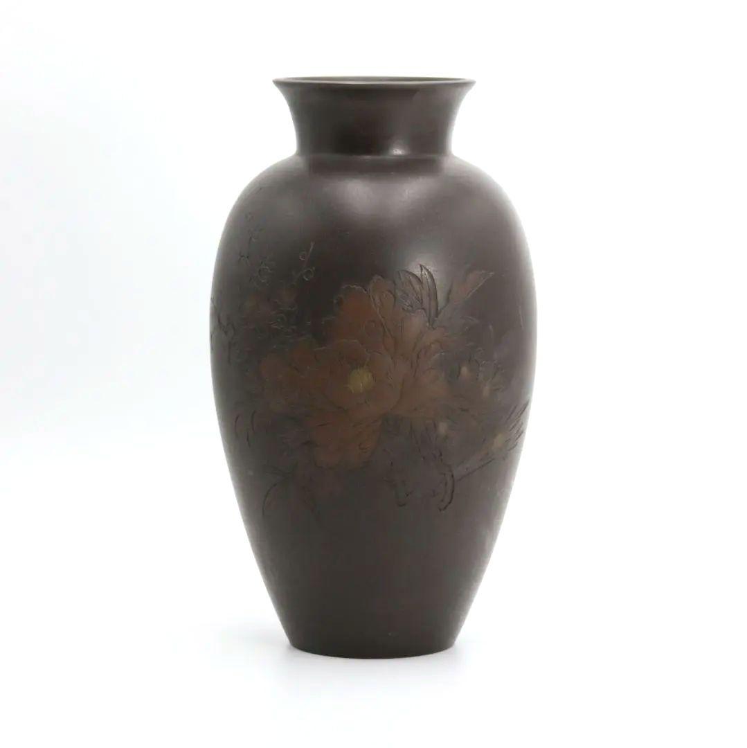 佐野宏采造 彫金花文銅花瓶 牡丹/梅/菊 銅器　C223　1FP8