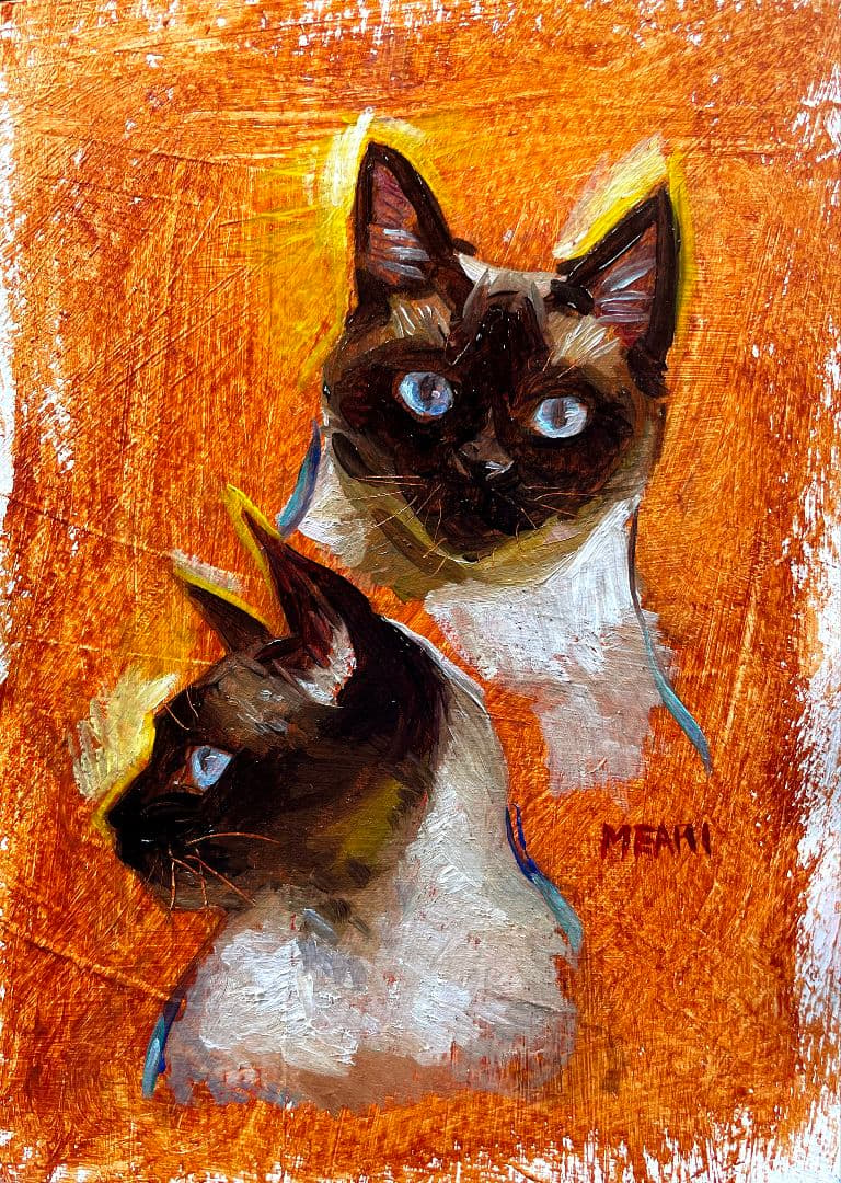 『青い目の兄弟』サイアミーズ　シャム猫　油絵　原画　絵画　一点物