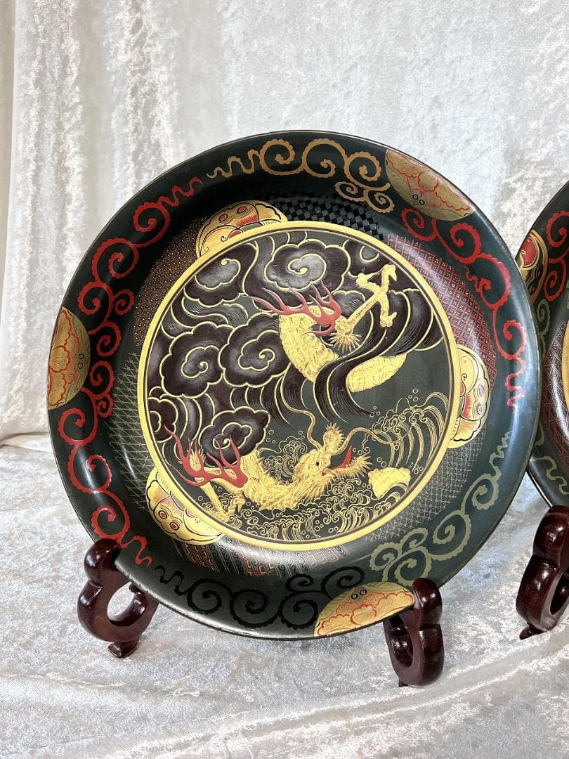 金蒔絵龍虎紋入れ子盆　一対　共箱　幕末～明治期