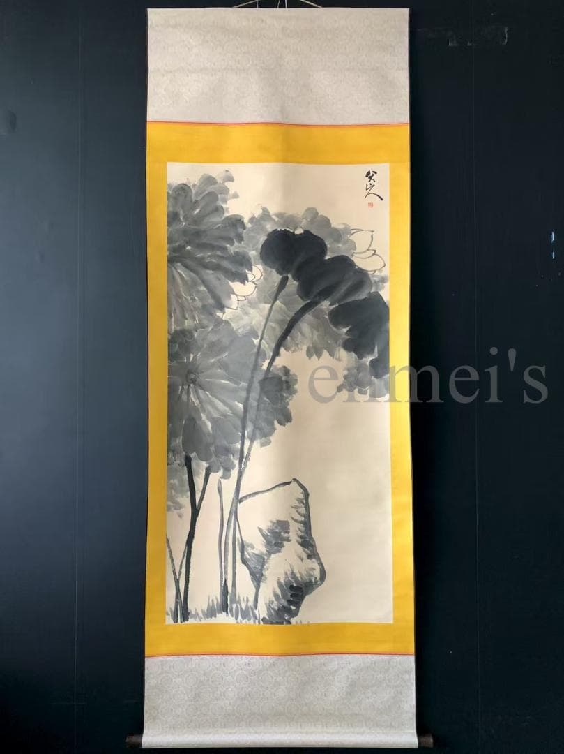 中国古美術・四尺蓮花掛軸・水墨画・八大山人印款・書道品・茶道・賞物・珍品画・肉筆