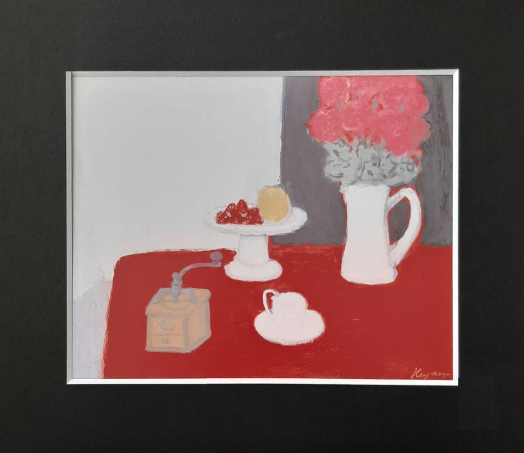 柴田謙治郎、「赤いテーブルの静物」、希少画集の額装画、四季、風景