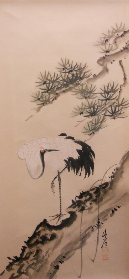 掛け軸 秀崖 松上鶴 紙本 希少 軸装 茶道具 掛軸 美品 です。