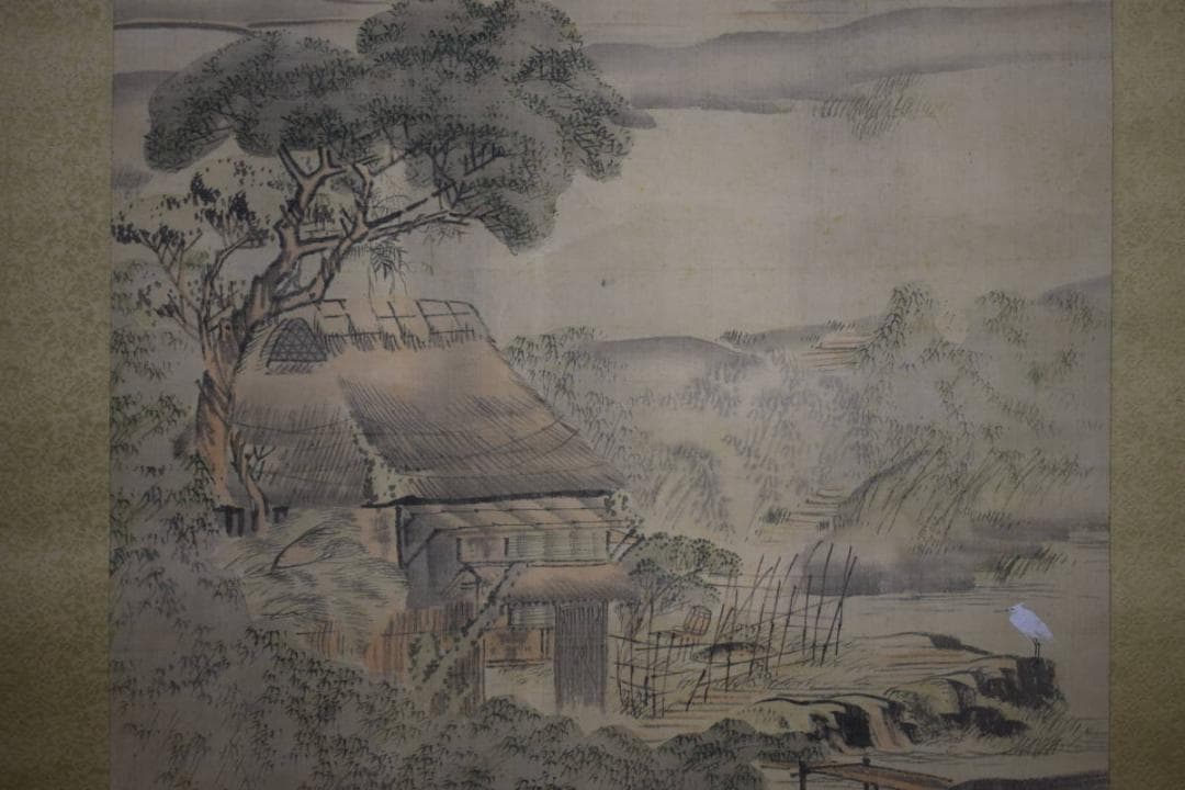 真作/森寛斎/雨中山水図/田家図/布袋屋掛軸HH-269