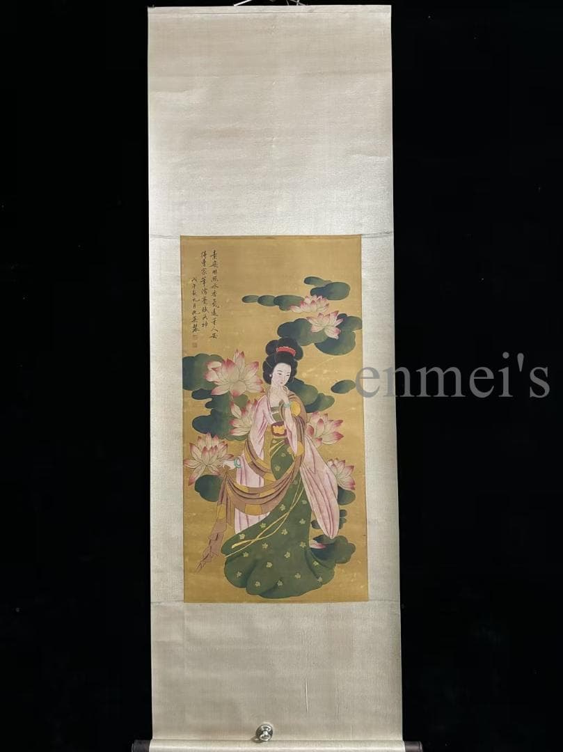 中国古美術 明時代 仇英作款 仕女図 三尺 絹本 掛け軸 巻き物 書画 唐物