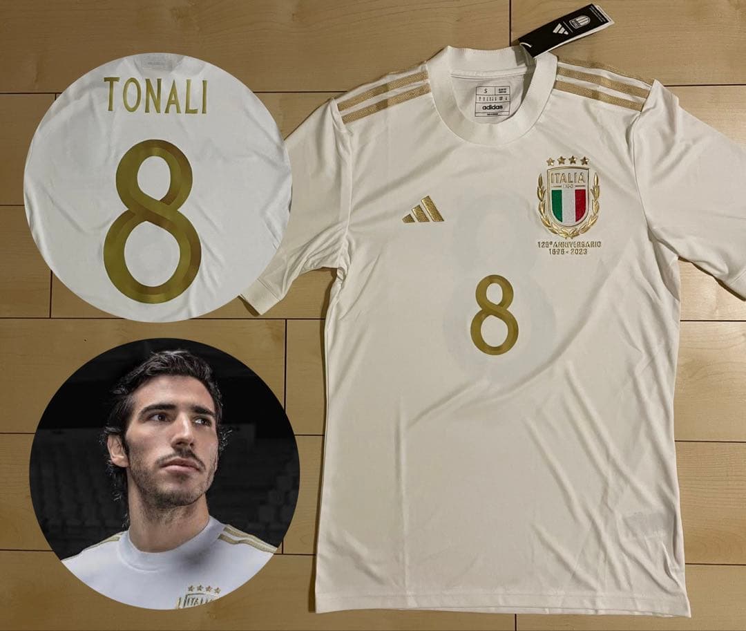 アディダスサッカーイタリア代表125周年記念白ユニフォーム23トナーリ金FIGC