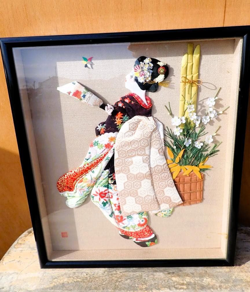 【落款・印あり】立体押絵 布絵 舞妓 女性図 和装 伝統工芸 額装 タカハシ製