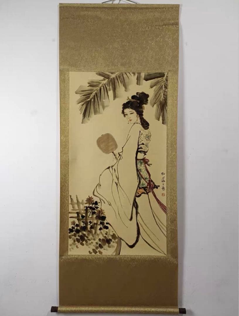 白伯骅《执扇仕女》　三尺中堂　掛軸　中国人物画　美人画　壁掛け装飾