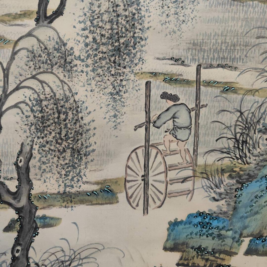 真作/藤原完堂/青緑田園風景図/山水/絹表装/布袋屋掛軸A-633