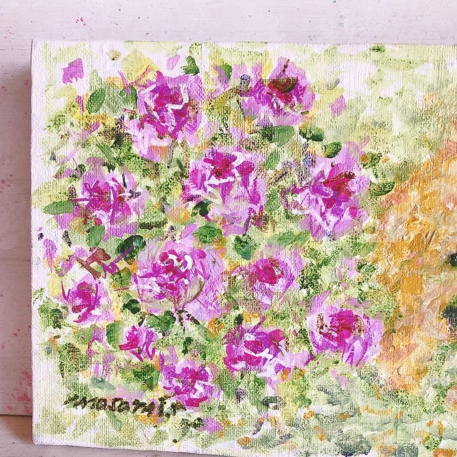 「ペチュニアとトイプードル」 アクリル画 SM キャンバス 原画 額なし