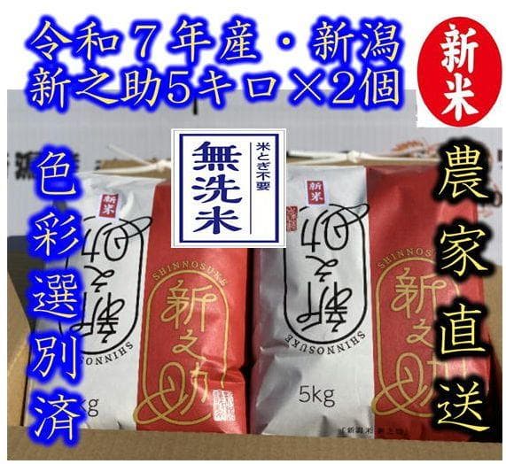【無洗米】令和7年産　新潟　新之助　白米5kg × 2個★農家直送★色彩選別済