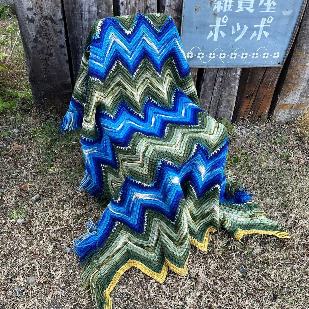 【USA vintage】グラニーブランケット　ラグ　寒色系　アメリカ