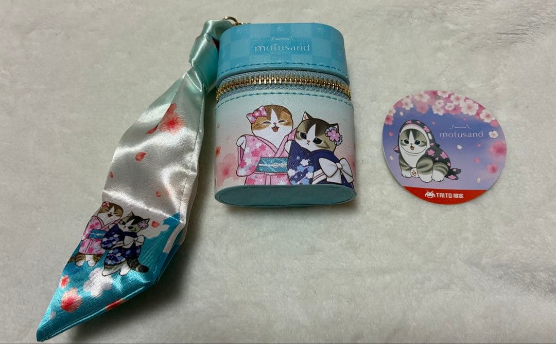 ★mofusand スカーフチャーム付きポーチ桜満開 コースター タイトー限定★