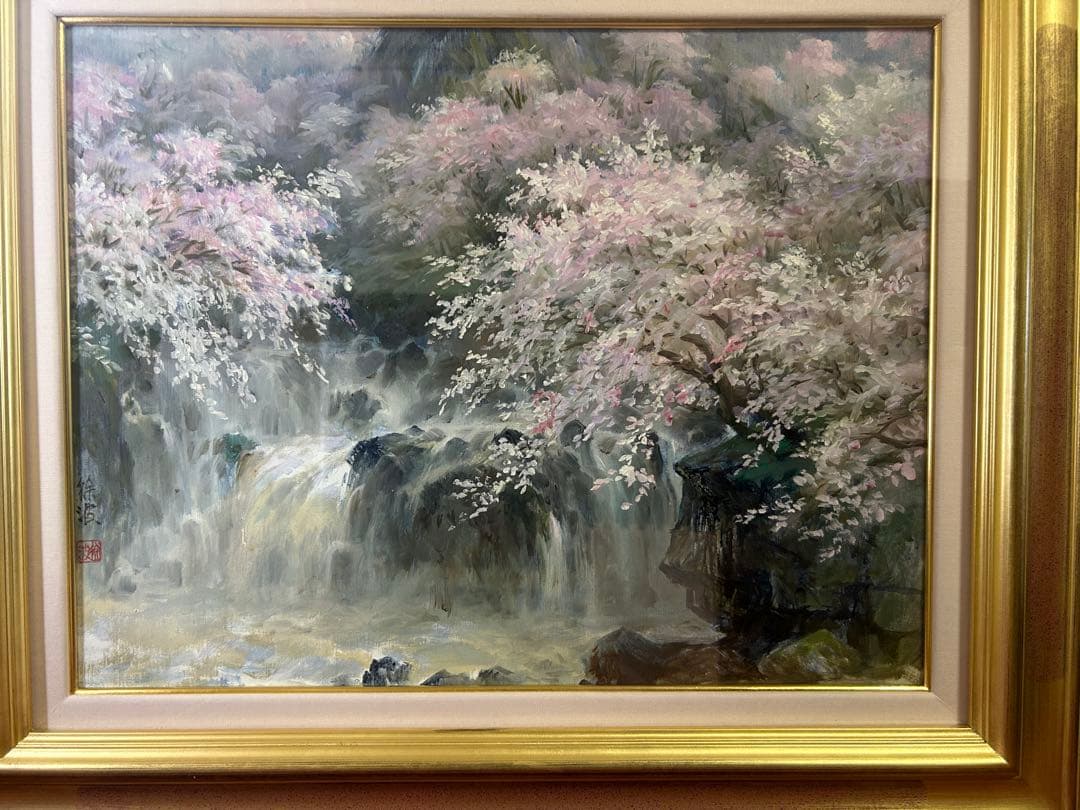 徐波氏　滝と桜の油彩画 大きめのフレーム