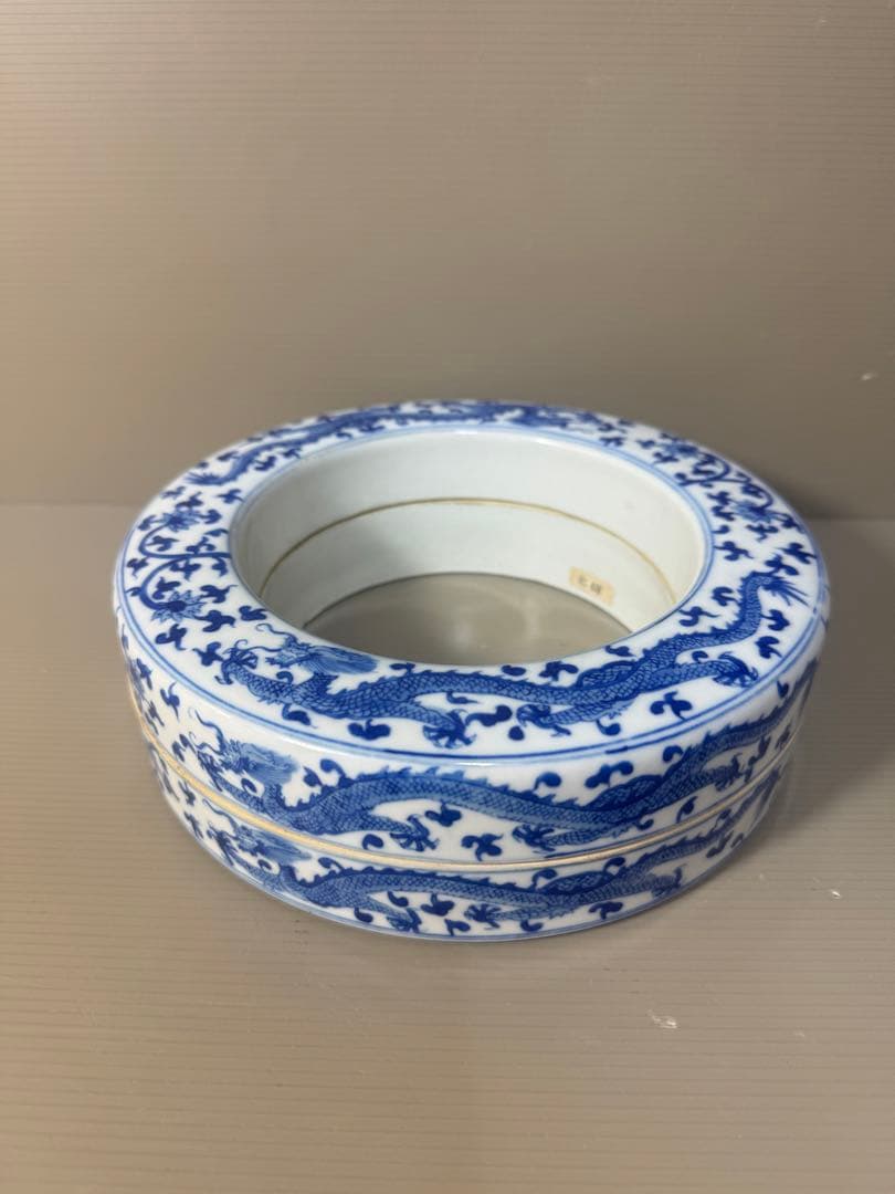 2430 骨董　染付青花　龍文　蓋物　置物　時代物