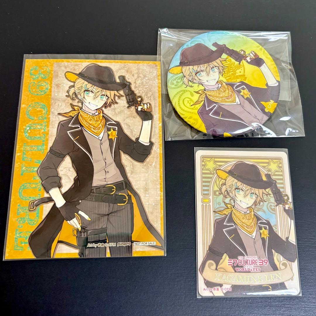 39culture 鏡音レン 缶バッジ 特典ブロマイド カード/赤倉 ミクカル