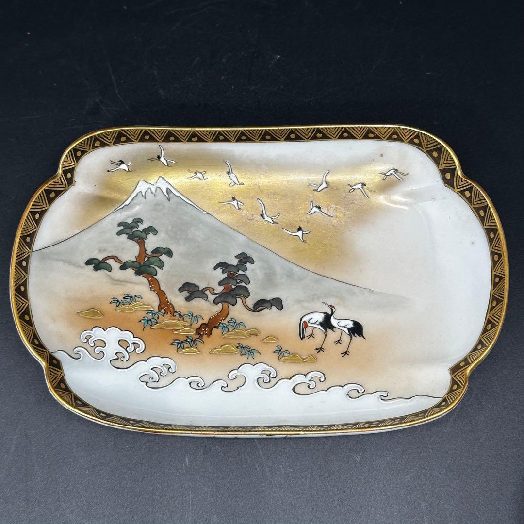 金彩 富士と松と鶴の絵柄 陶磁器 変形皿 5枚セット 明治期 九谷焼 友山製