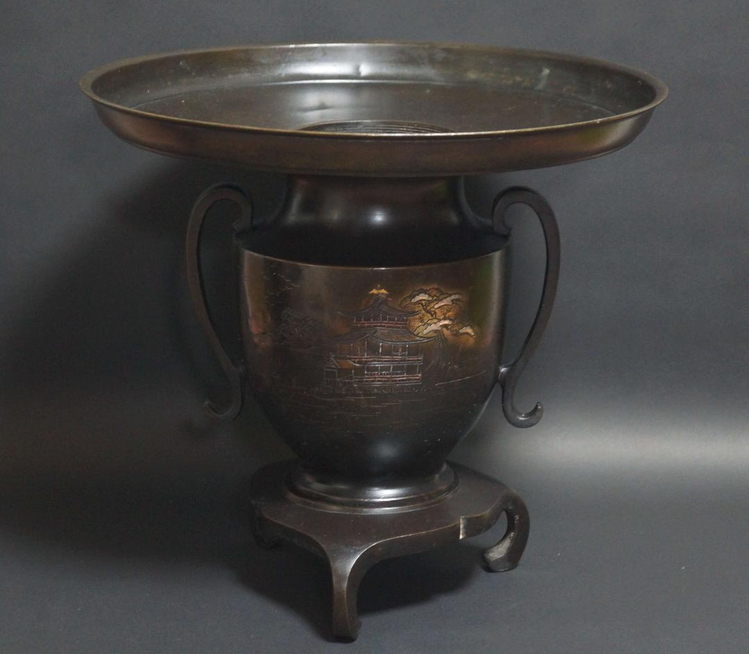 華道 花器 金工細工 銅製金銀象嵌『金閣寺』薄端 生け花 ヴィンテージ★時代物★