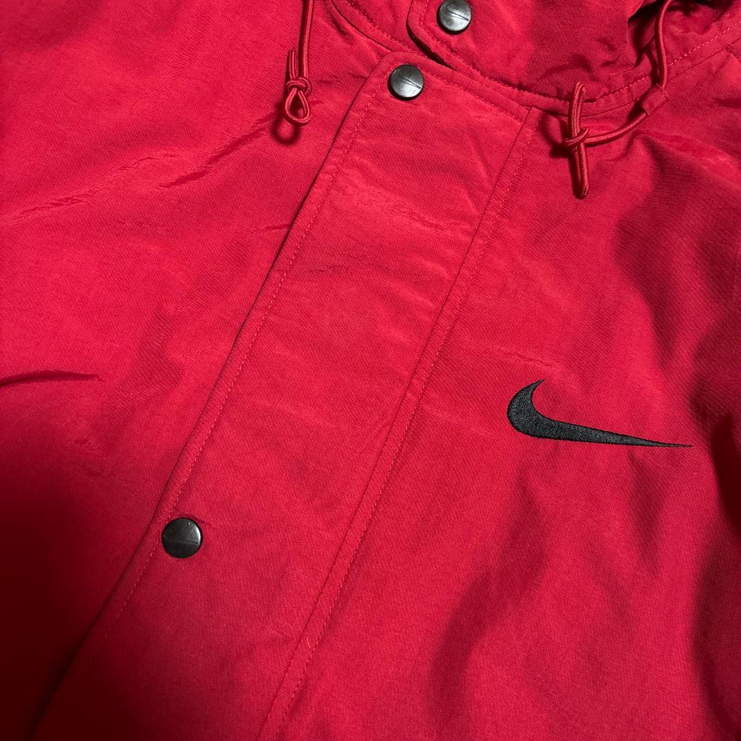 90s NIKE ベンチコート ロング 赤 黒 スオッシュ M 中綿 古着