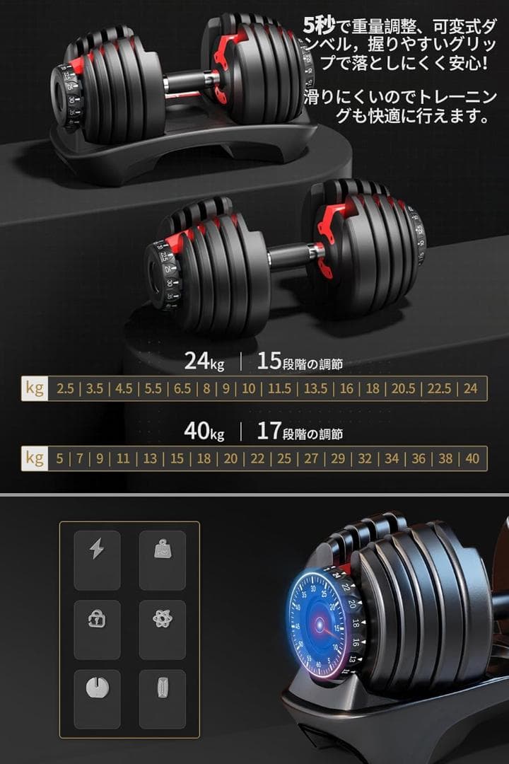 【セット価格】可変式ダンベル40kg 2つ、折り畳み式ベンチシート、フロアマット