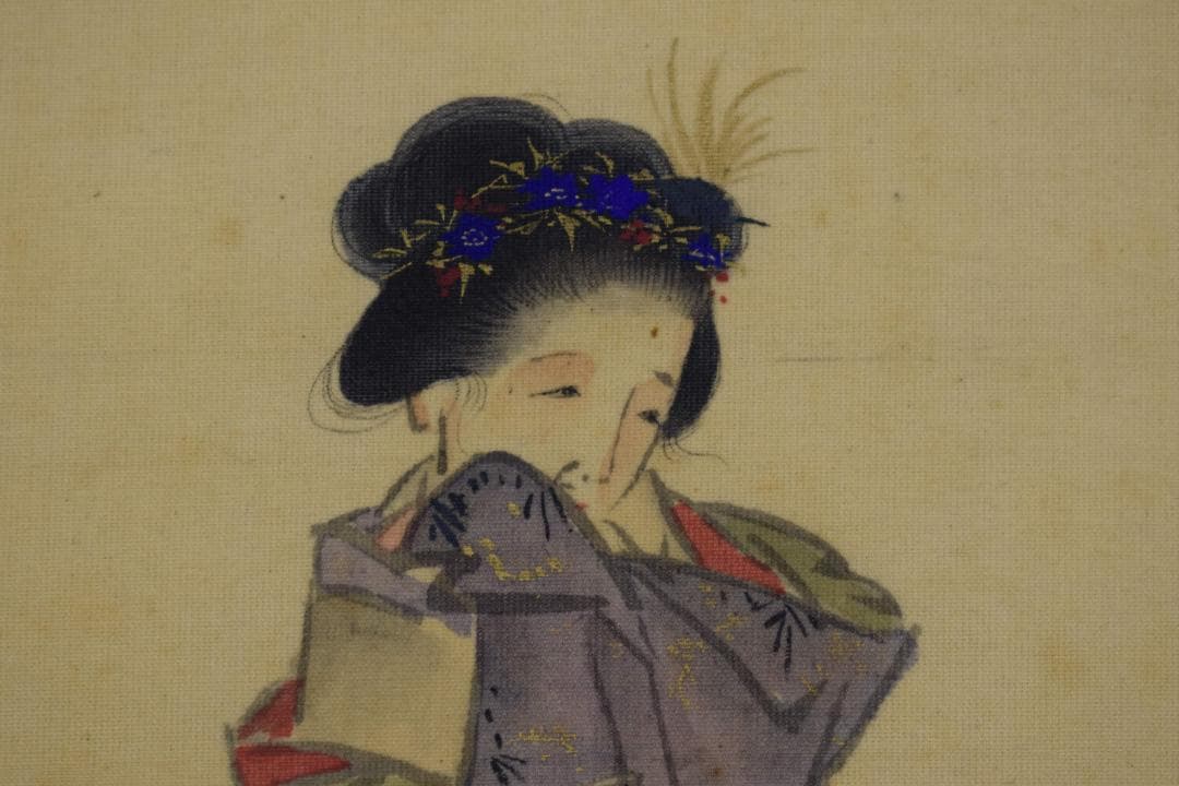 【真作】犬伏真渕/牛上の女図/美人画/掛軸☆宝船☆Y-282　JM