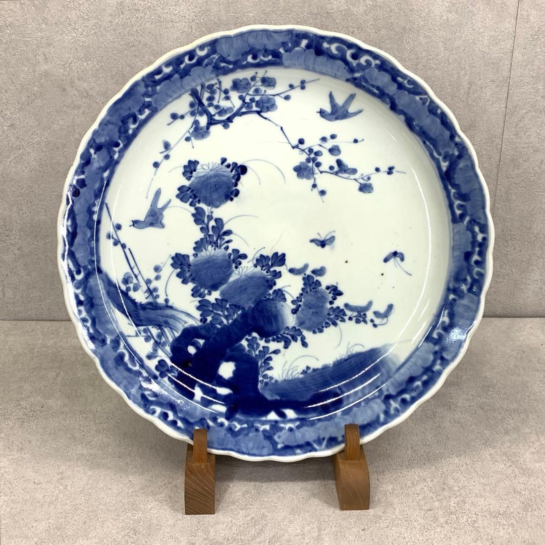 大皿 直径 42.2 cm !大皿 蝶々 花鳥 梅 染付 昭和レトロ 飾り皿②