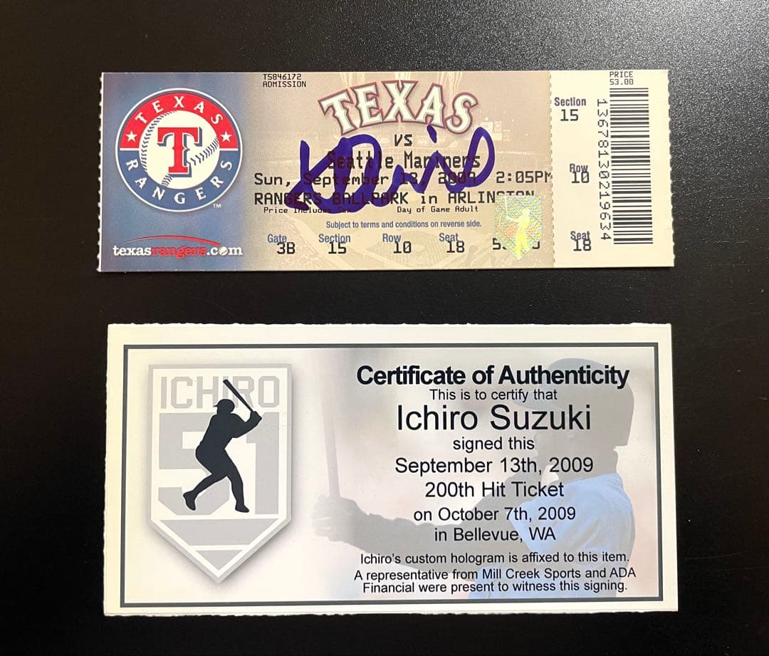 イチロー 直筆サイン 2009年　200安打　 チケット　ミルクリーク社証明書付