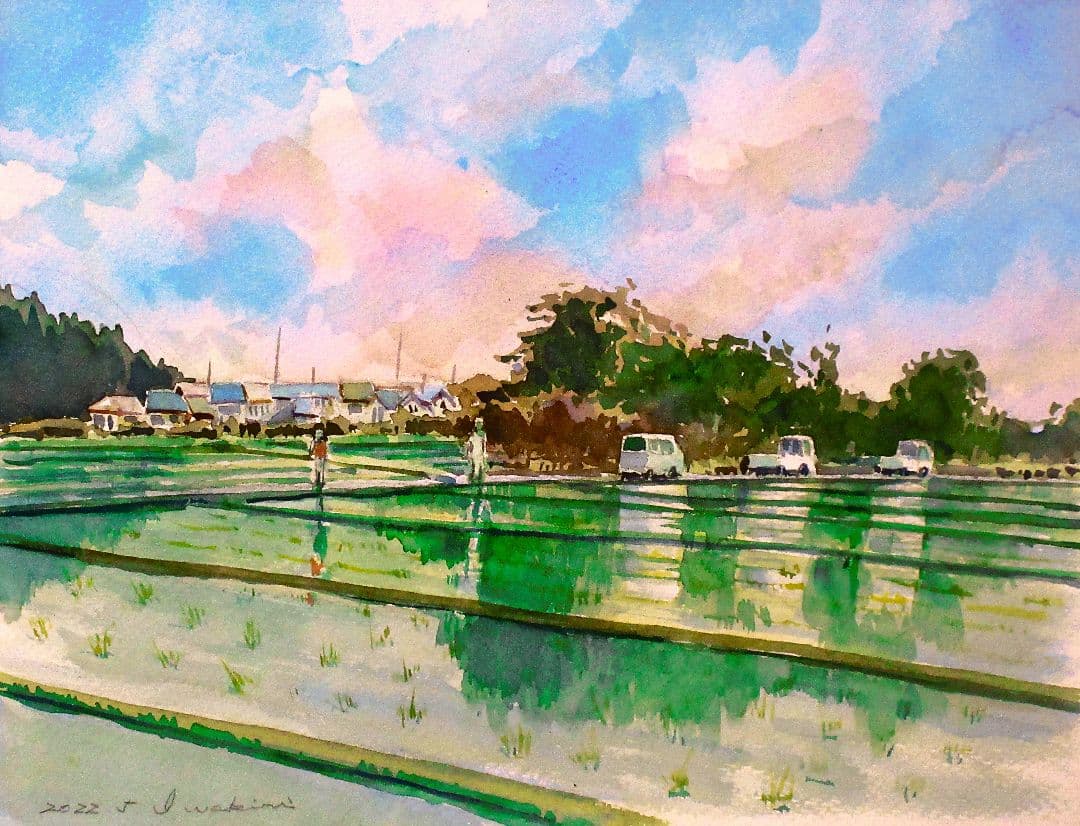 田植えの季節(水彩画 2022年作 フレーム付き)