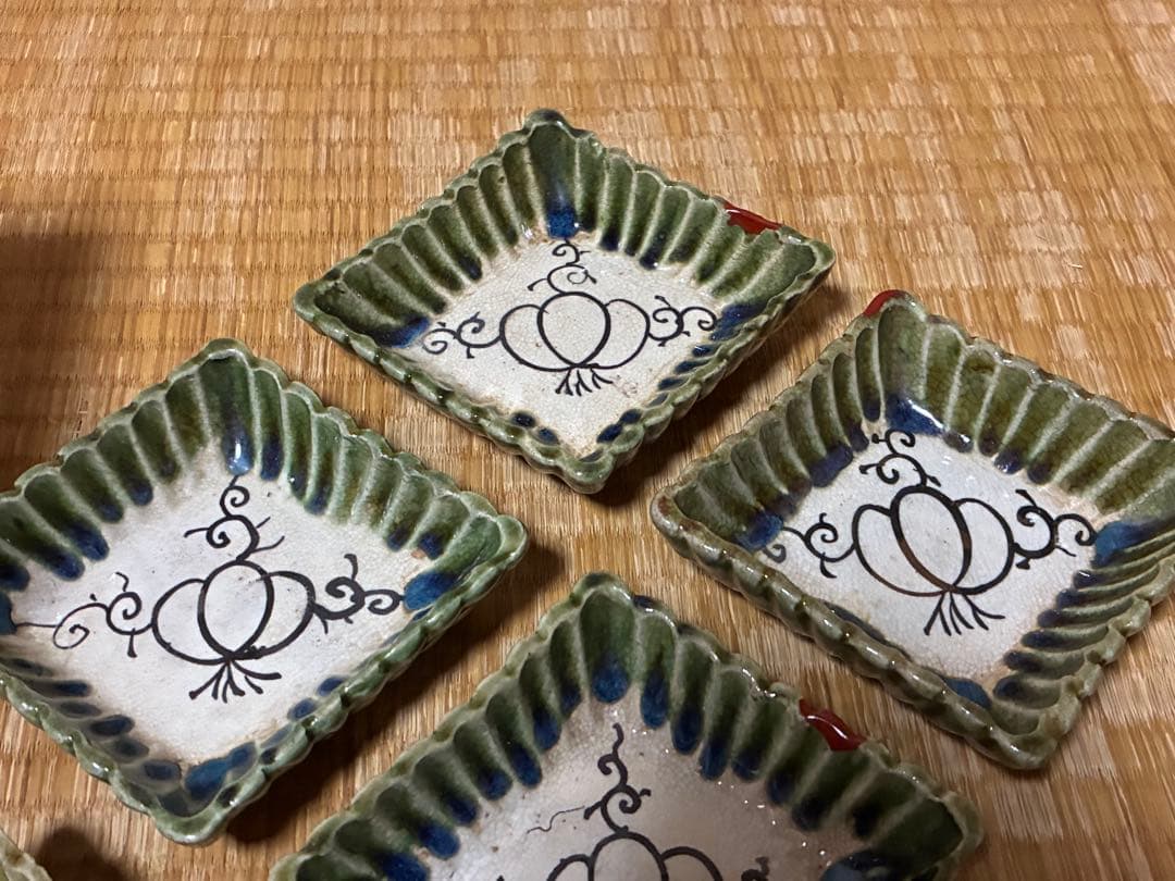 古織部 古い 陶器 菱形 小皿 盛皿 五枚 箱付 時代物