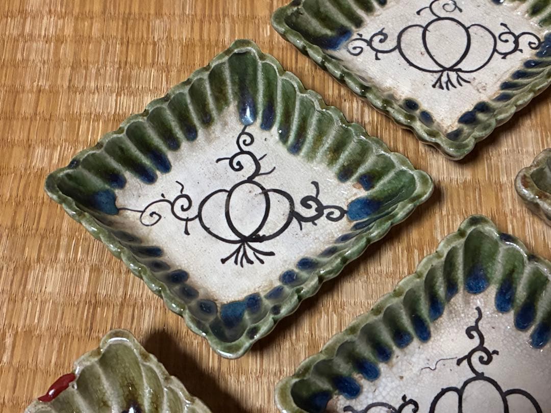 古織部 古い 陶器 菱形 小皿 盛皿 五枚 箱付 時代物