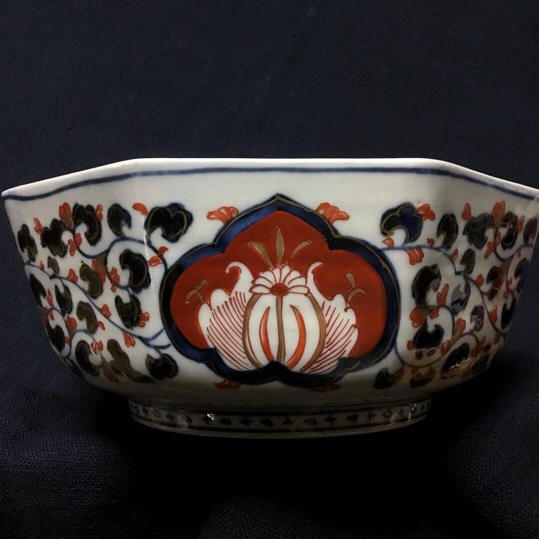 伊万里焼 色絵 草花紋様 八角 七寸深鉢 /骨董/時代物
