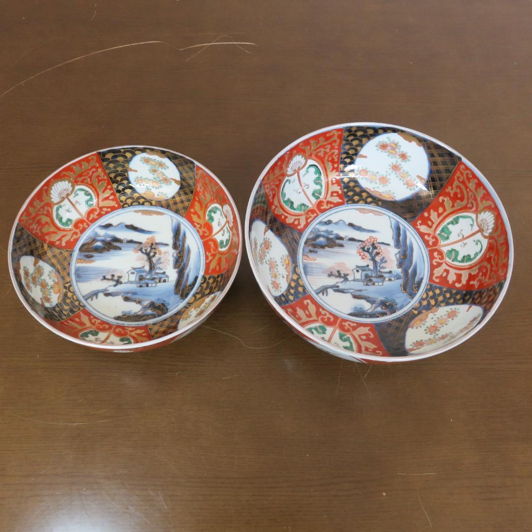 中鉢 大鉢 丼 金彩 色絵付け 花文様 山水 海 歪み 銘あり 窯傷