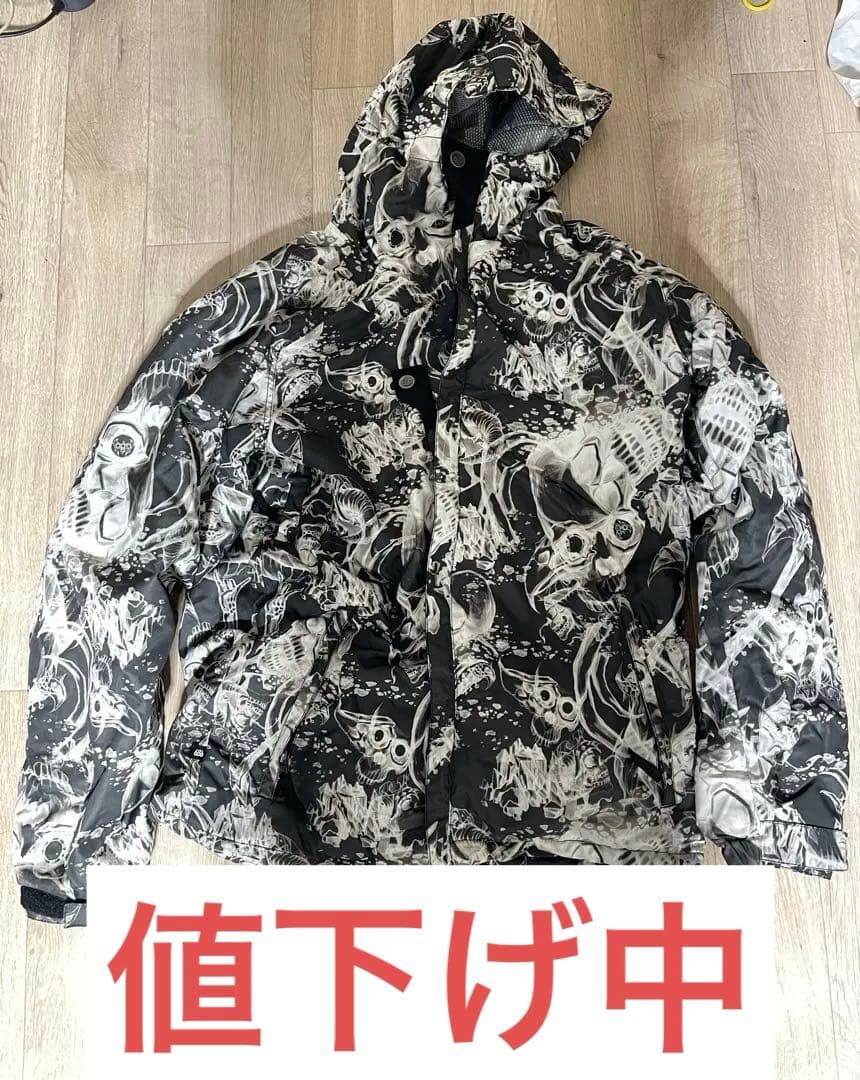 【人気】686スノボウェア上下セット [L]スカル髑髏総柄パンツ青