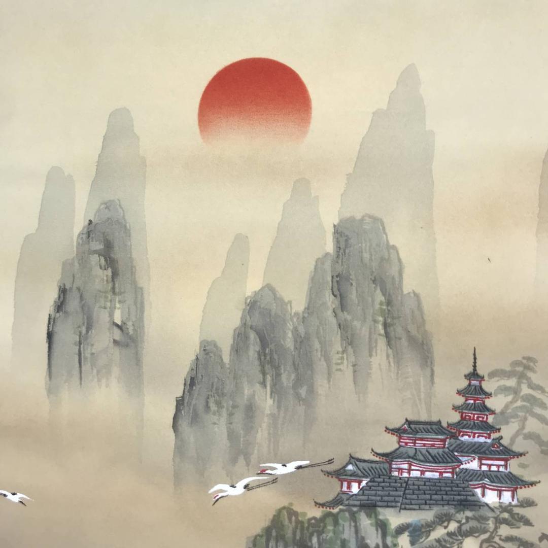 【真作】玉峰/百鶴蓬莱山図/祝事山水図/掛軸/名家伝来/AC-57
