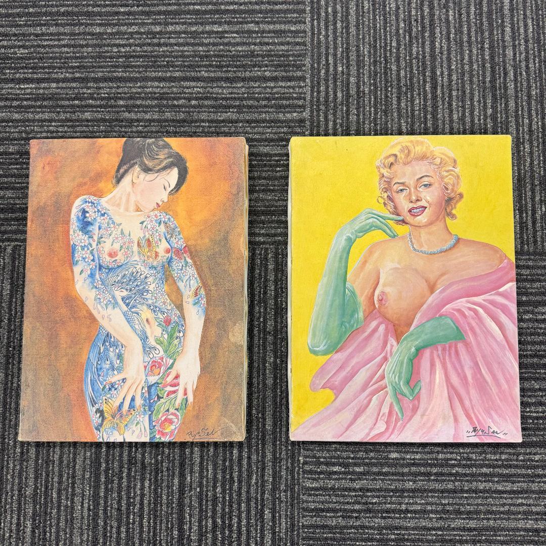 鳳凰美人刺青画　美人版画　龍泉 リュウセン 在銘 艶絵 額油絵二枚
