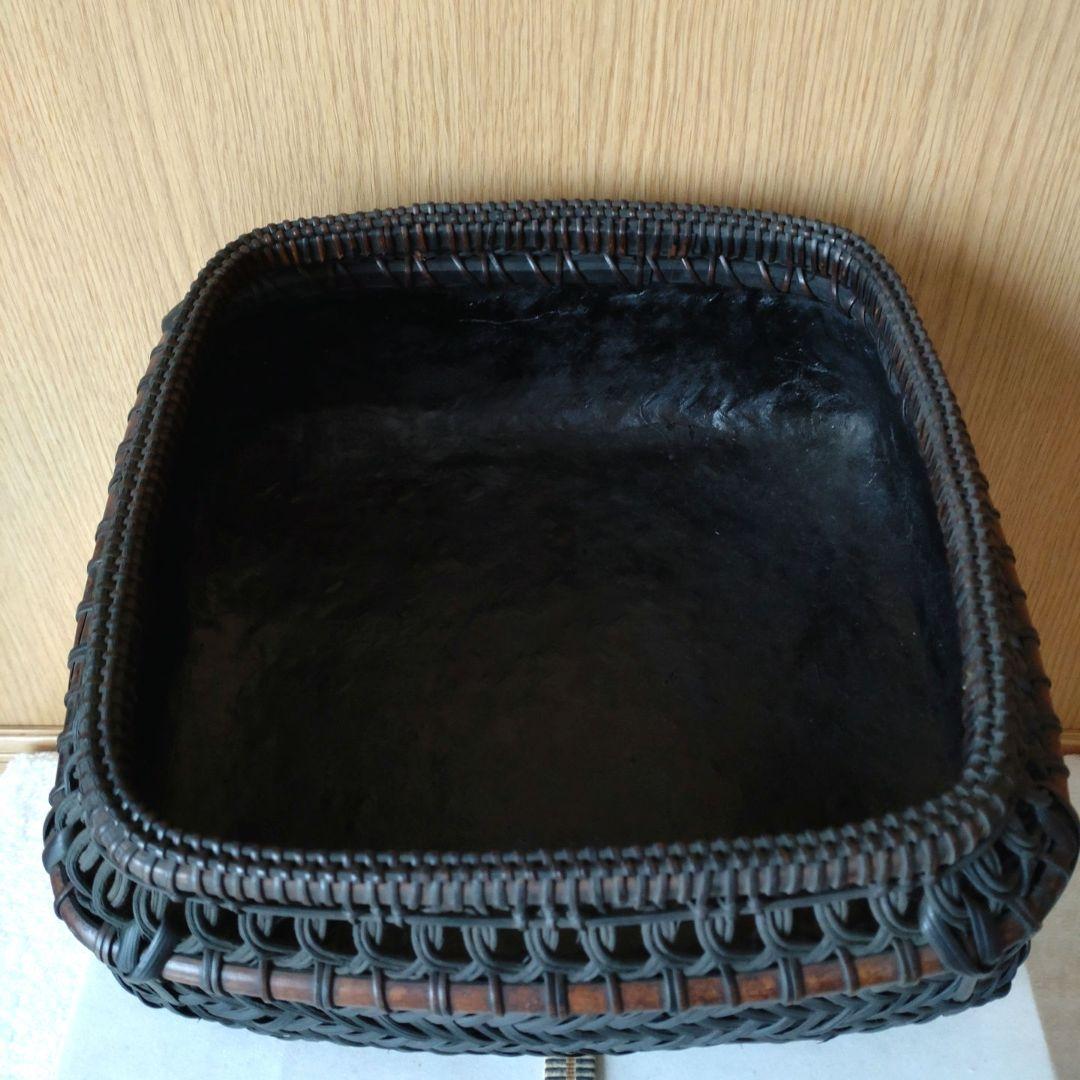 炭斗　唐物写籐組四方　竹朋斎　炉用　共箱　無傷